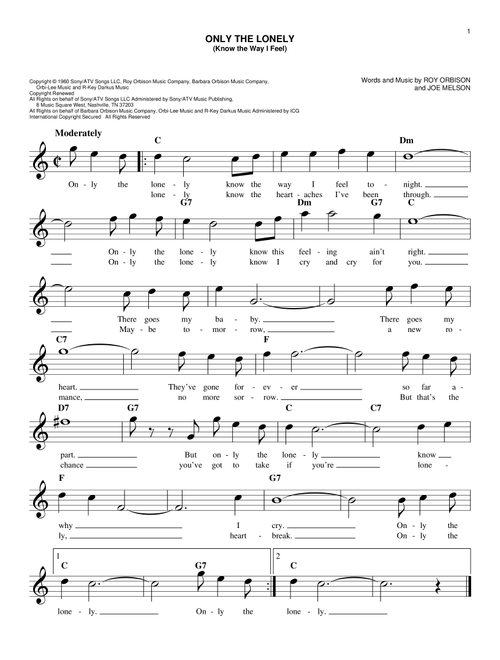 Only The Lonely (Know The Way I Feel) - Roy Orbison (Easy Lead Sheet - Fake Book)