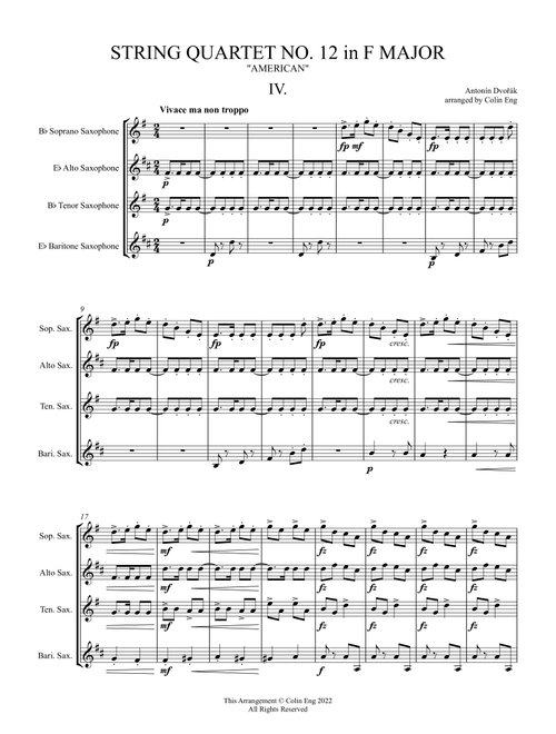 String Quartet No. 12 in F Major, "American" for Saxophone Quartet MOVEMENT IV (Arr. Colin Eng) - Antonín Dvořák (Woodwind Ensemble)