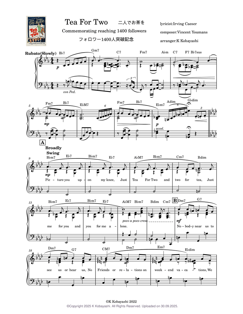 Tea for Two(二人でお茶を) Vincent Youmans(1400 Followers SP) Sheet music