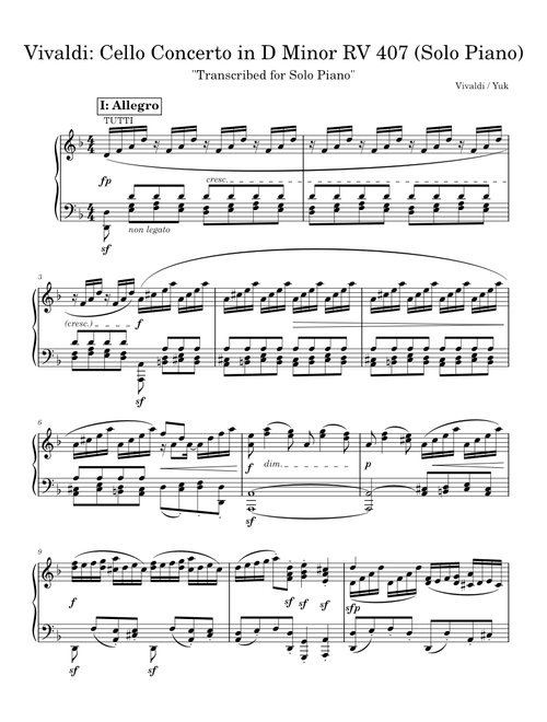 Vivaldi: Cello Concerto in D Minor RV 407 (Piano Transcription)