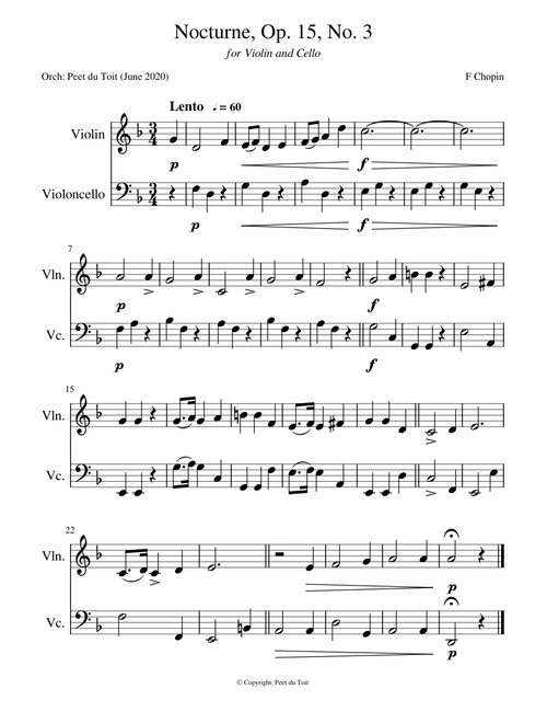 Nocturne, Op. 15, No. 3 - F Chopin (Violin & Cello)