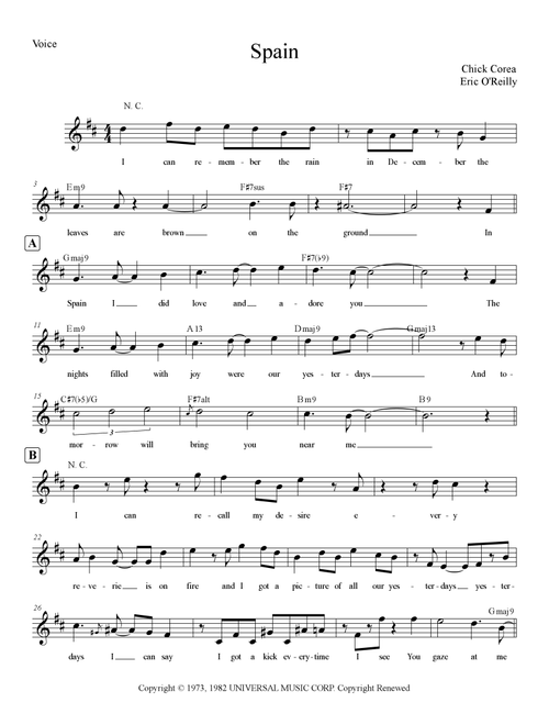 Spain (Arr. Eric O'Reilly) - Chick Corea (Lead Sheet - Fake Book)