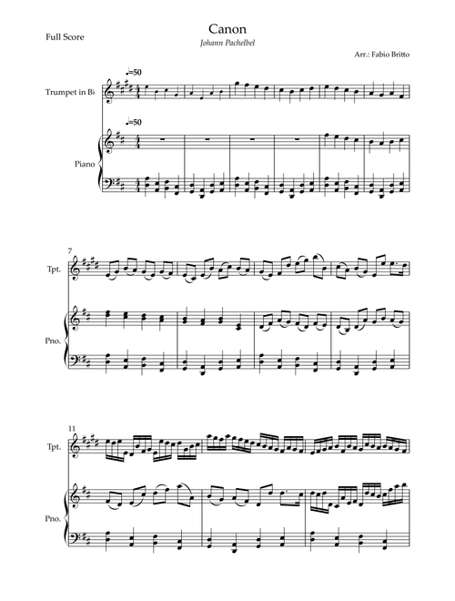 Canon - Johann Pachelbel (Wedding/Reduced Version) for Trumpet in Bb Solo and Piano Accompaniment (Arr. Fabio Britto) (Trumpet and Piano)