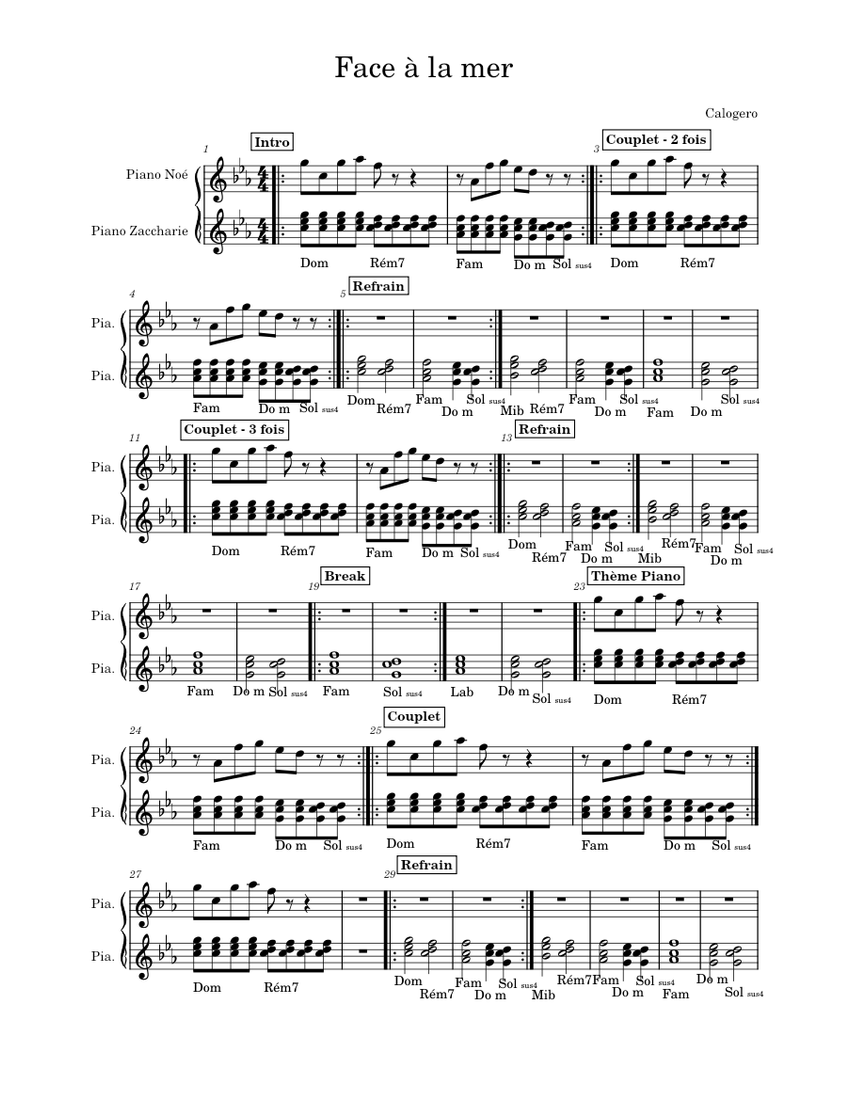 Face a la mer Calogero Sheet Music for Piano (Piano Four Hand — free download