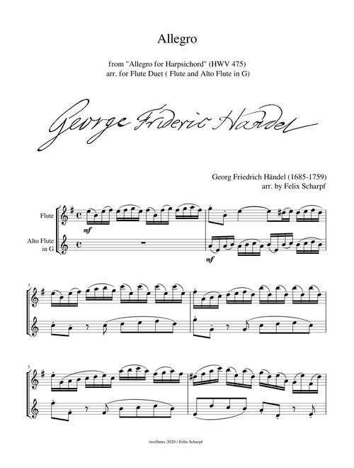 Händel, Georg Friedrich - Allegro (HWV 475) arr. for Flute Duet (Flute and Alto Flute in G)