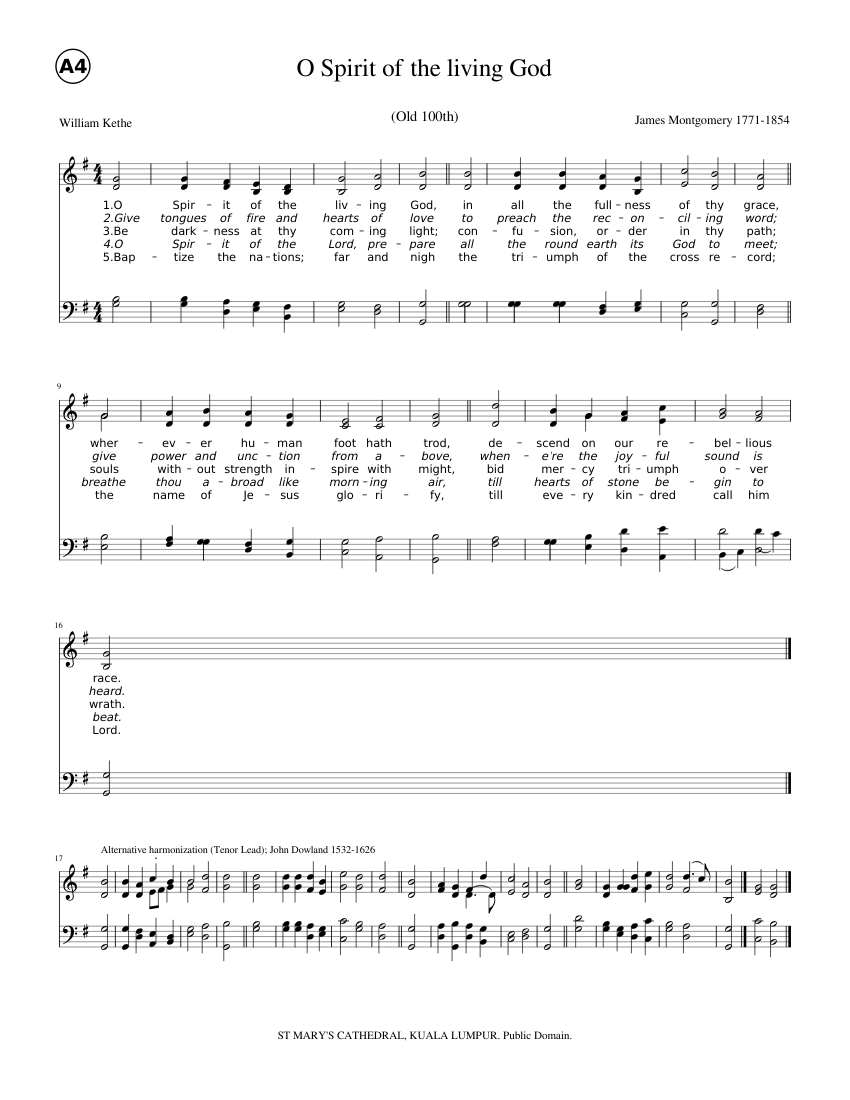 O Spirit of the Living God (Montgomery) to Old 100th Sheet Music for ...