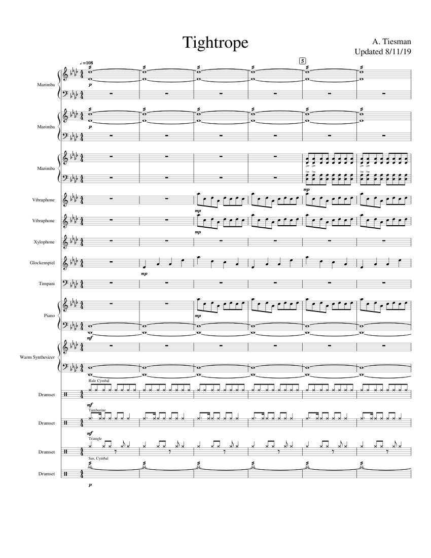 Tight Rope Playing Instruments Tightrope Sheet Music for Piano, Timpani, Vibraphone, Glockenspiel ...