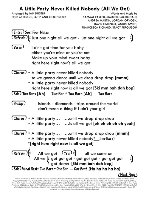 A Little Party Never Killed Nobody (all We Got) (Arr. Ian Dustin) - Fergie Q-tip & Goonrock (Lead Sheet - Fake Book)