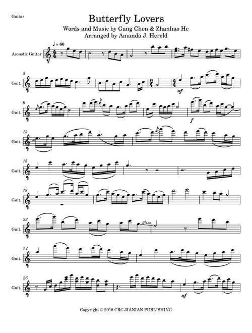 Butterfly Lovers Concerto (Arr. Amanda's Music Channel) - Zhanhao He, Gang Chen (Solo Guitar)