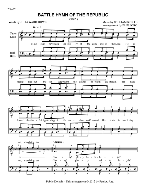 BATTLE HYMN OF THE REPUBLIC (Arr. Paul A. Jorg) - Words by JULIA WARD HOWE - Music by WILLIAM STEFFE (Choral, TTBB)