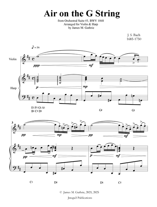 BACH: Air on the G String for Violin & Harp (Arr. James M. Guthrie, ASCAP) - J S Bach 1685-1750 (Instrumental Duet)