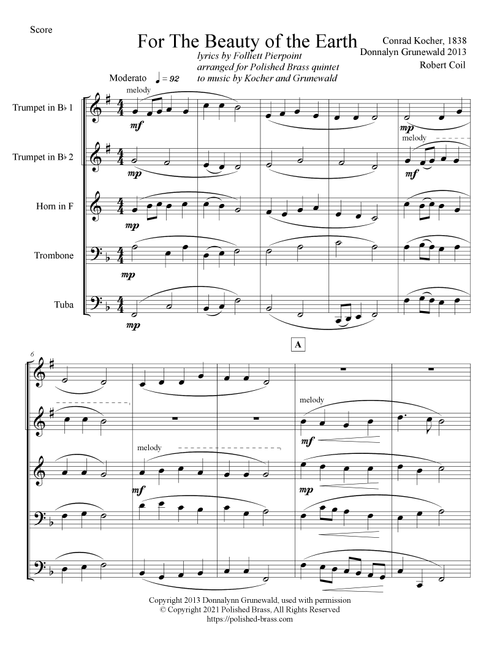 For the Beauty of the Earth (Brass Quintet) (Arr. Robert Coil) - Conrad Kocher, William Chatterton Dix, Donnalynn Grunewald (Brass Ensemble)