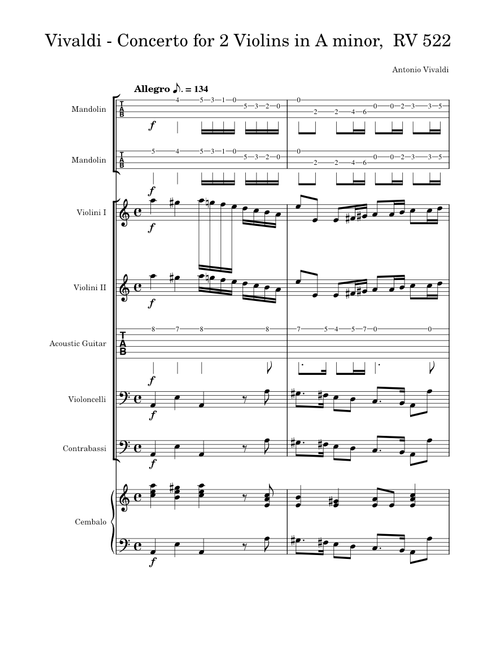 Concerto for 2 Violins in A Minor Op.3 No.8 RV522 – Antonio Vivaldi Antonio Vivaldi Vivaldi - Concerto for 2 Violins in A minor, RV 522 tabs