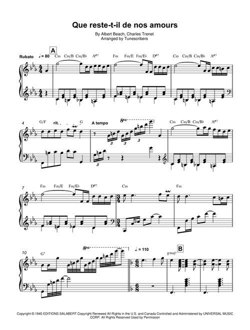 Que reste-t-il de nos amours (Arr. Tunescribers) - Albert Beach, Charles Trenet (Piano Vocal)