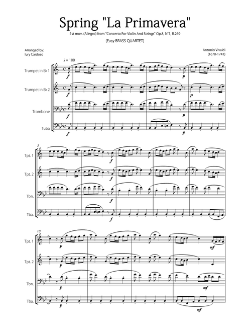 "Spring" (La Primavera) by Vivaldi - Easy version for BRASS QUARTET (Arr. Iury Cardoso) - Antonio Vivaldi (Brass Ensemble)