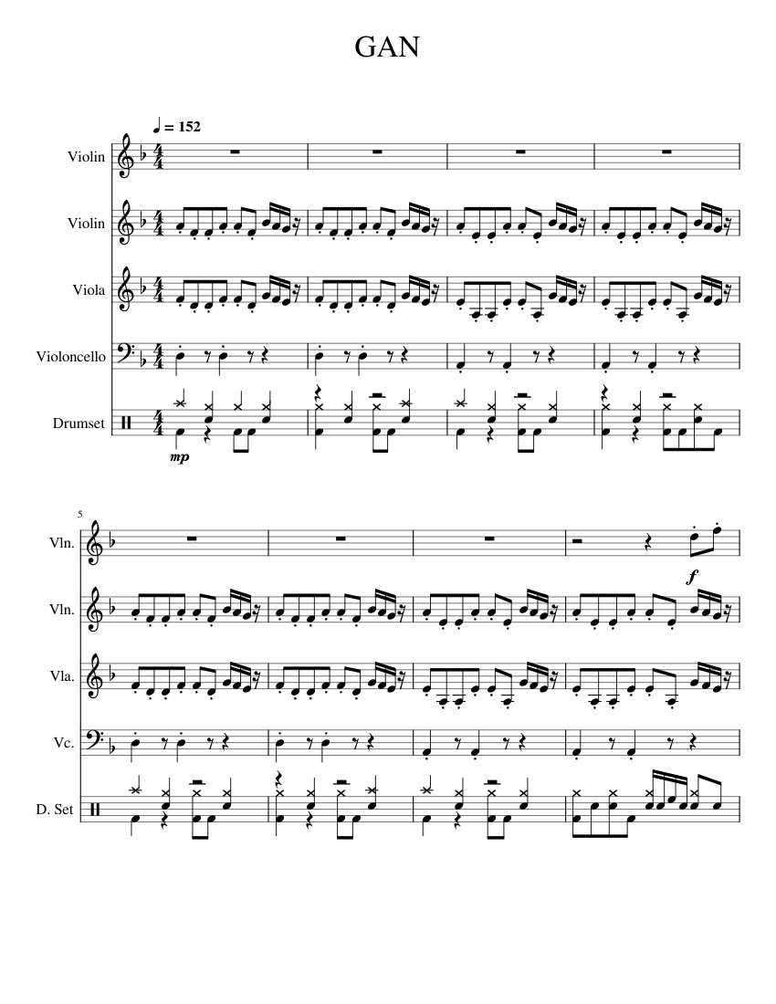 GAN Sheet music for Violin, Viola, Cello, Drum group (Mixed Quintet