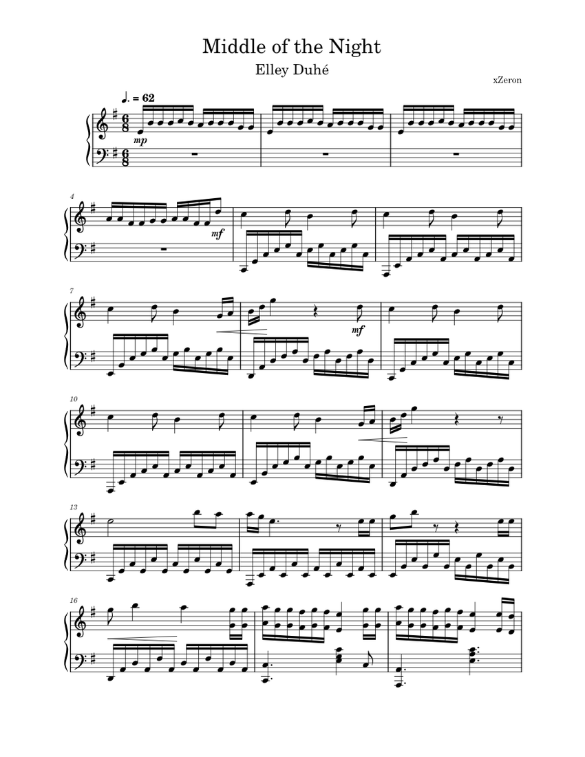 middle of the night piano notes
