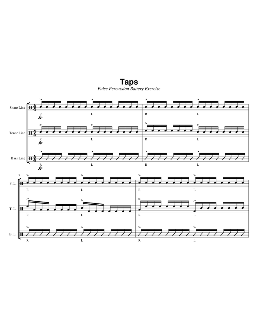 Taps Pulse Percussion Battery Exercise Sheet music for Snare drum Tenor drum Bass drum Drum Corps Modern Musescore
