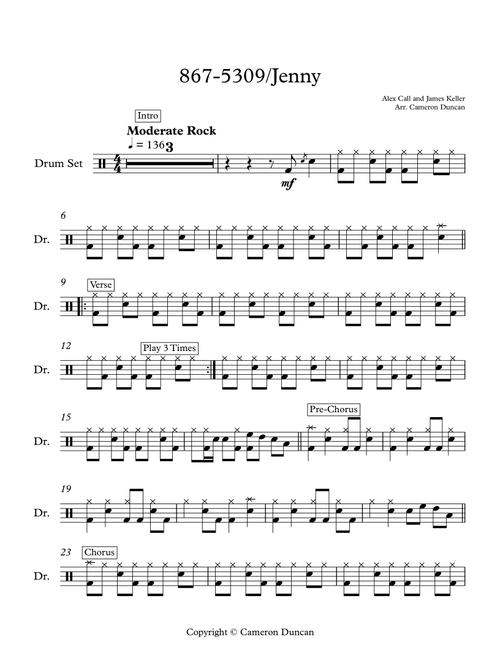 867-5309/jenny (Arr. Cameron Duncan) - Tommy Tutone (Drums)