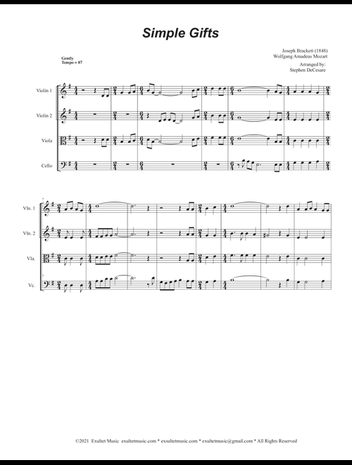 Simple Gifts (String Quartet and Piano) (Arr. Stephen DeCesare) - Joseph Brackett Wolfgang Amadeus Mozart (String Quartet)