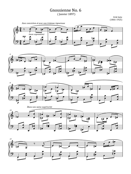 Erik Satie, Gnossiennes No.6, from Trois Gnossiennes, for Piano Solo Original (Arr. poon) (Piano Solo)