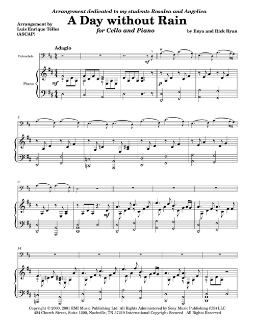 A Day Without Rain (Arr. Luis Enrique Téllez) - Enya (Cello and Piano)