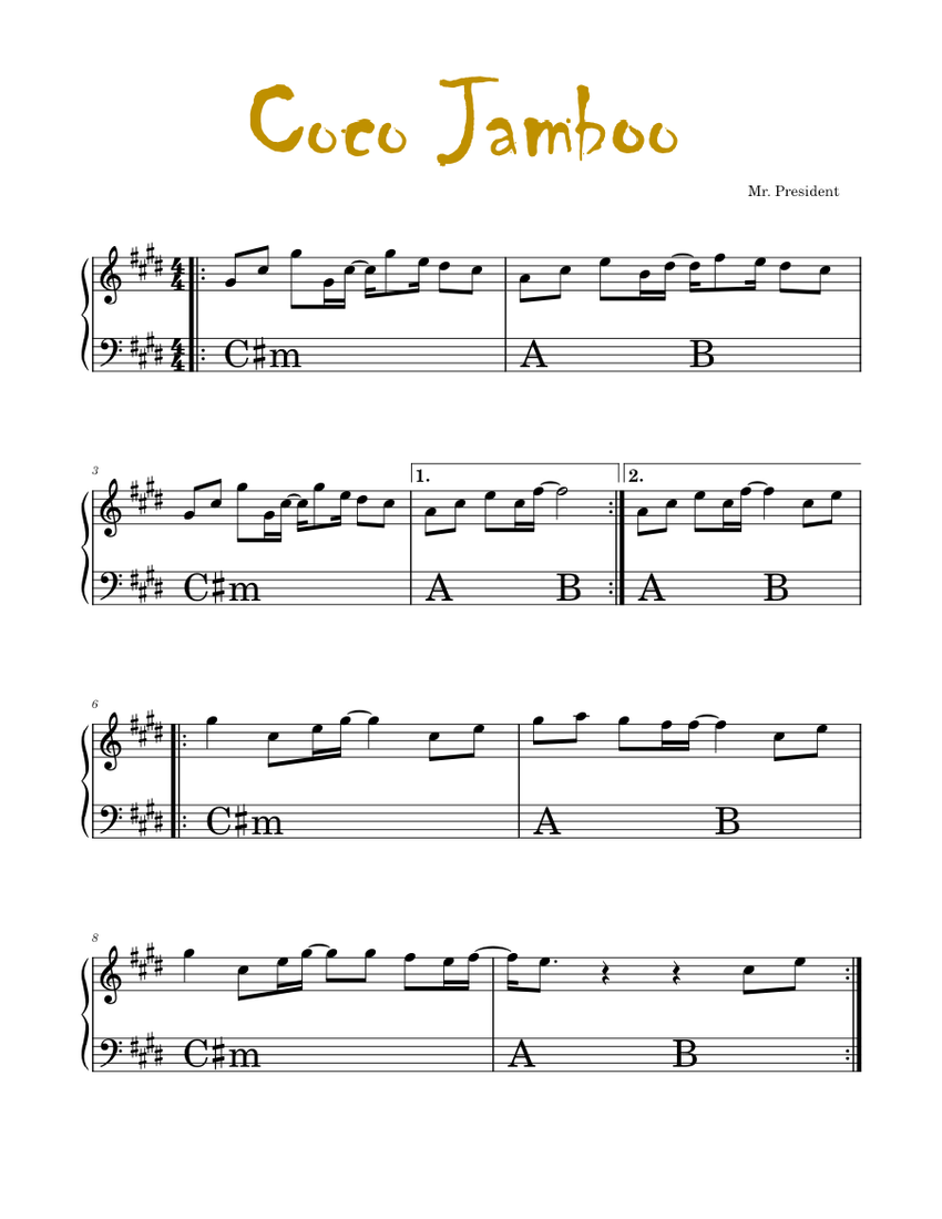 Coco Jamboo – Mr. President Sheet Music with Chords for Piano