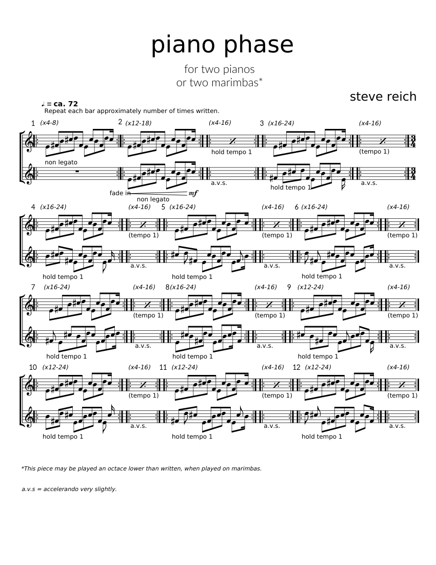 Steve Reich - Piano Phase Sheet Music for Piano (Piano Duo