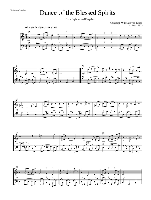 Dance of the Blessed Spirits from Orpheus and Eurydice-for violin and cello duet (Arr. Katrina Wreede) - Christoph W. von Gluck (Instrumental Duet)