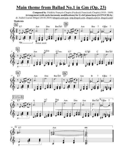 Chopin (F.) - Main theme from Ballad No.1 in Gm (Op. 23) -- G-clef piano/harp (GCP/GCH) arr. in Am (Arr. Andrei Lucian Dragoi) - Frédéric François Chopin (Piano Solo)