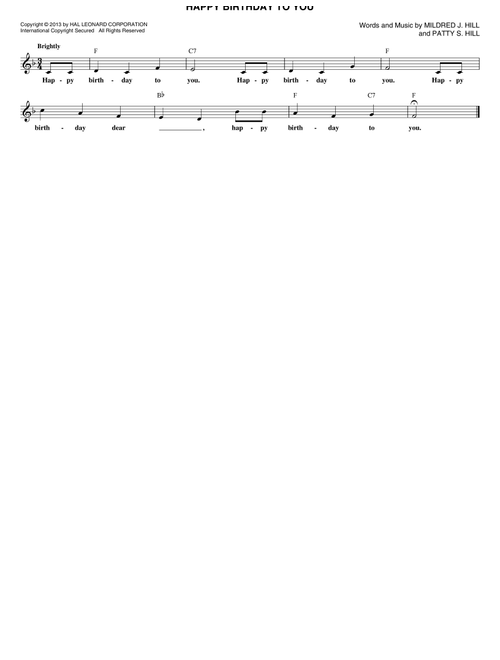 Happy Birthday To You - Mildred J Hill (Lead Sheet - Fake Book)
