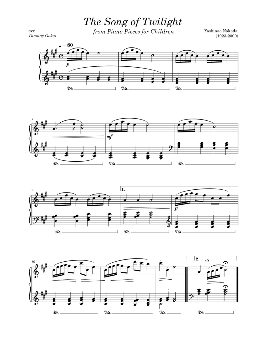 The Song of Twilight – Yoshinao Nakada Sheet Music for Piano
