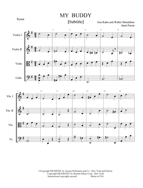 My BUDDY. a complete and melodic melody for the level two players. beautiful music (Arr. arr.by Janet Farrar) - WALTER DONALDSON AND GUS KAHN (String Quartet)