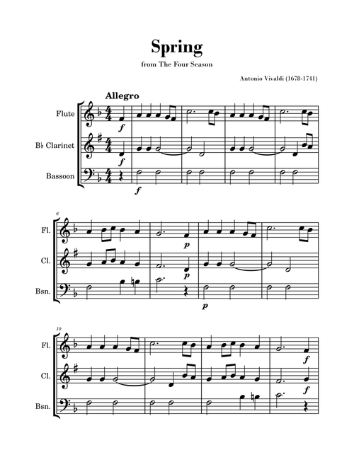 Spring from 'The Four Seasons' by Vivaldi - Easy Flute, Clarinet and Bassoon Trio (Arr. Gisele Sant'Ana) - Antonio Vivaldi (Woodwind Ensemble)