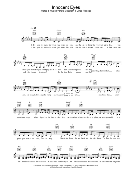 Innocent Eyes - Delta Goodrem (Lead Sheet - Fake Book)