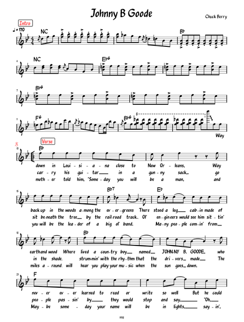 Johnny B. Goode (Lead sheet with lyrics and accompaniment)