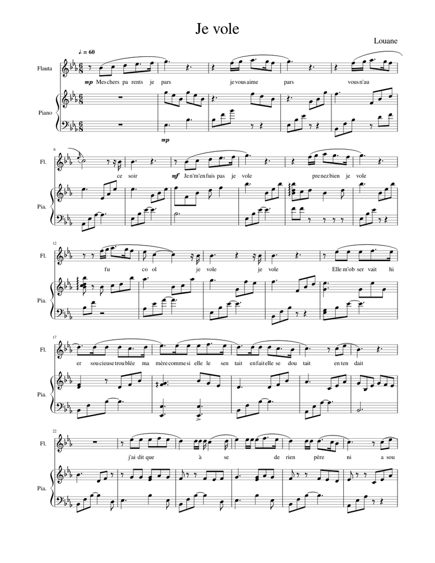 Bien educado Acercarse raíz Je vole Louane flute piano Sheet music for Piano, Flute (Solo) |  Musescore.com