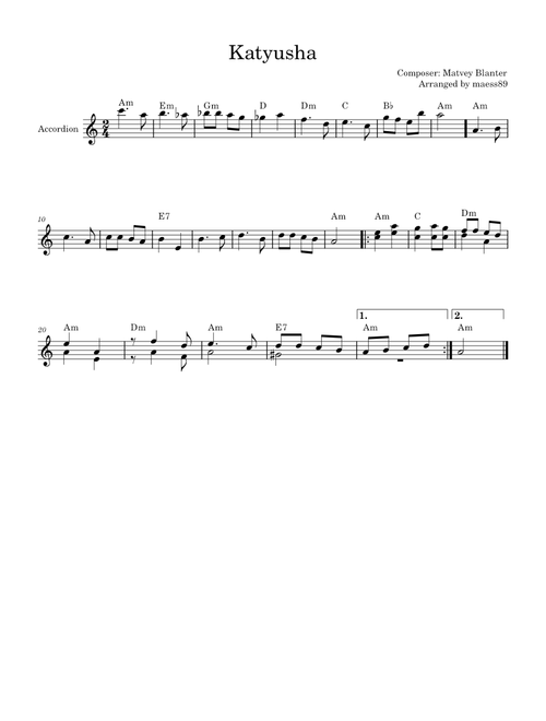 Katyusha – Matvey Blanter Katyusha – Accordion Solo Arrangement