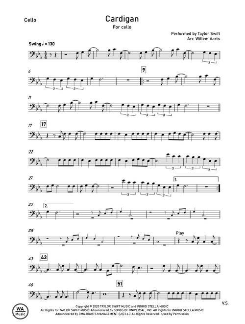 Cardigan (Arr. Willem Aarts) - Taylor Swift (Cello Solo)