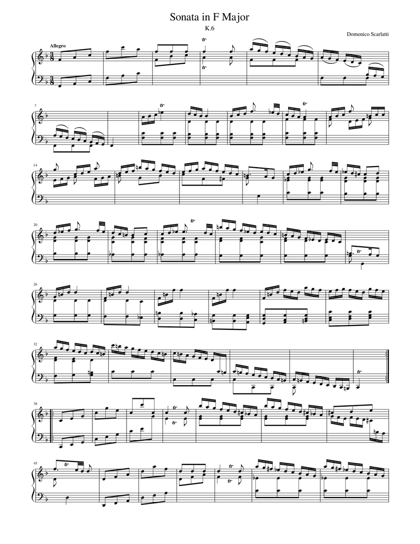 Scarlatti Sonate per clavicembalo 6巻 Sonata in F Major, K.6 Sheet Music for Harpsichord (Solo