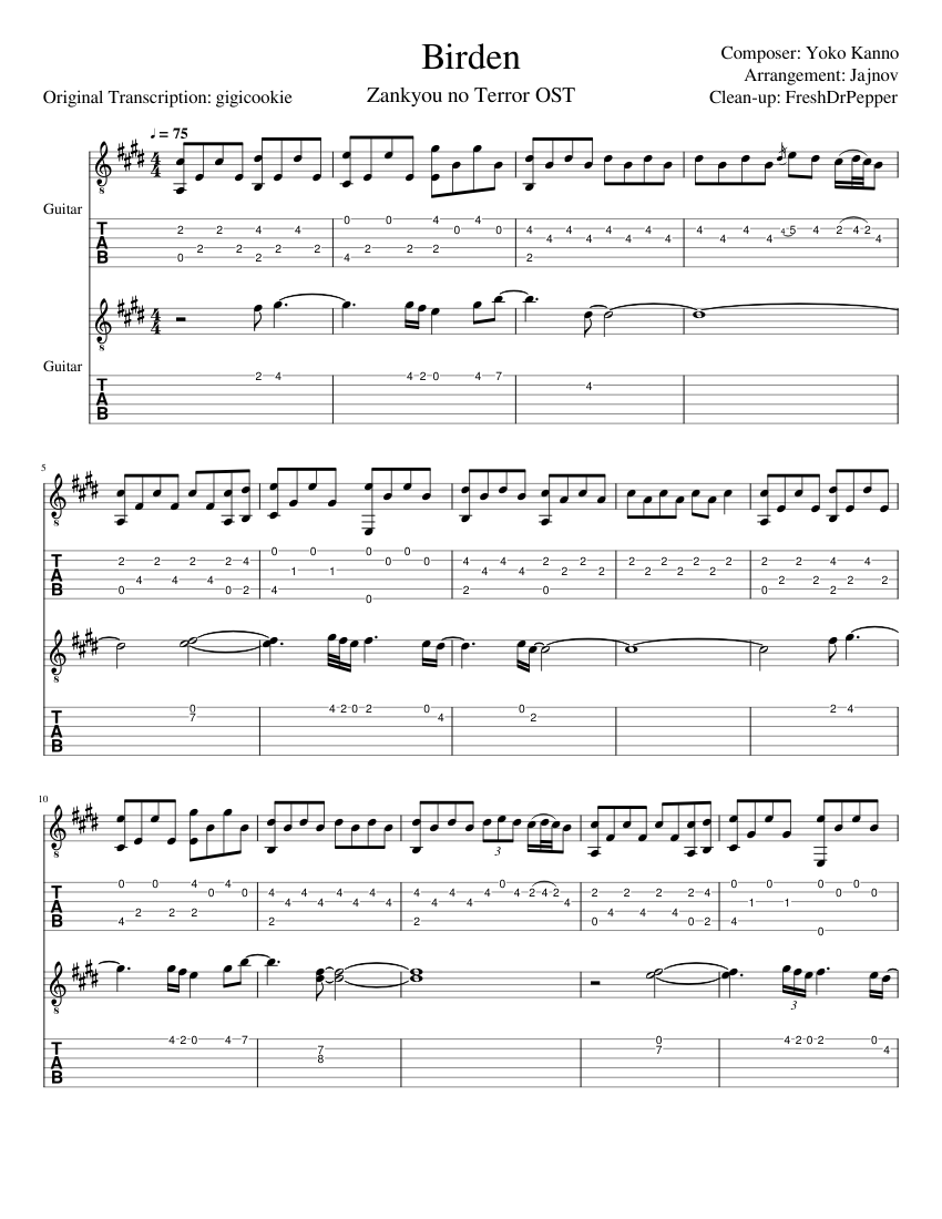 Birden Sheet Music and Tab for Guitar (Rock band