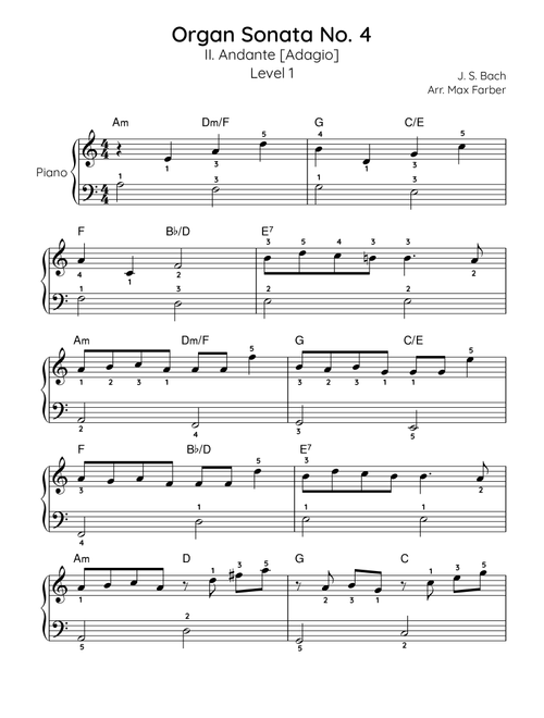 Organ Sonata No. 4 - Adagio - Level 1 (Arr. Max Farber) - J.S. Bach (Easy Piano)