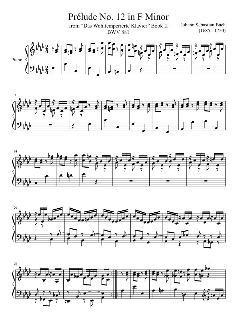 clérigo Ser veredicto Prélude No. 12 BWV 881 in F Minor Sheet music for Piano (Solo) |  Musescore.com
