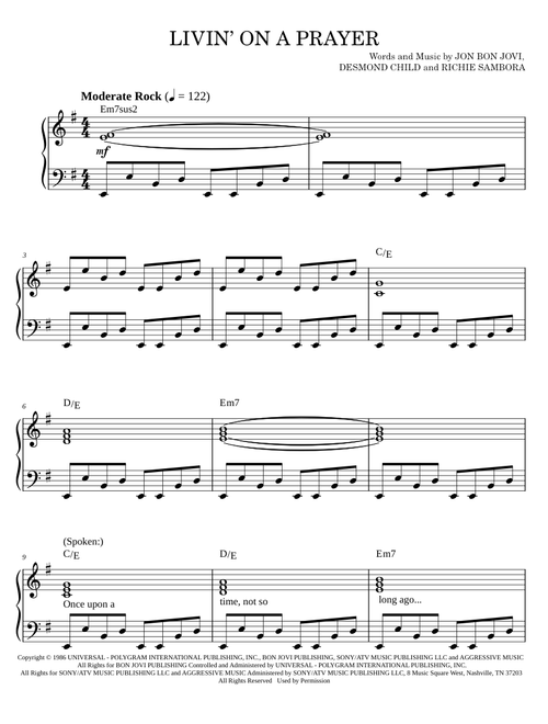 Livin' On A Prayer - Bon Jovi, Jon Bon Jovi (Easy Piano)