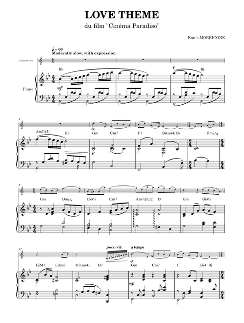 Love Theme (Cinéma Paradiso) – Ennio Morricone - (B♭ clarinet and piano)