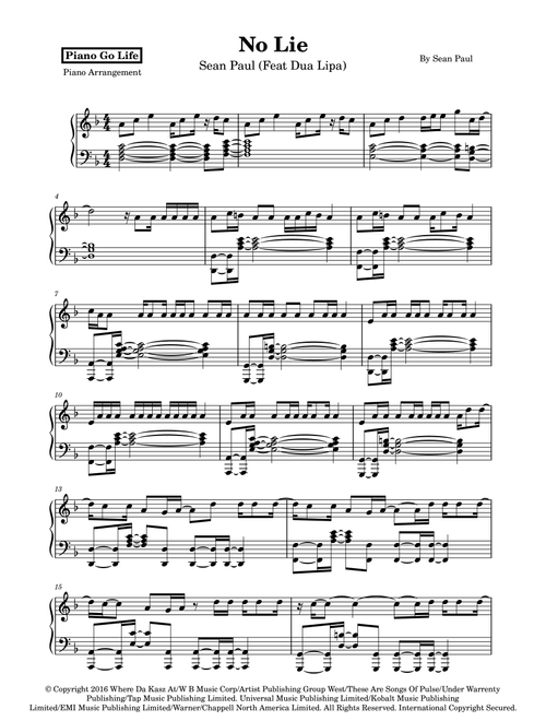 No Lie (Arr. Piano Go Life) - Sean Paul (Feat Dua Lipa) (Piano Solo)