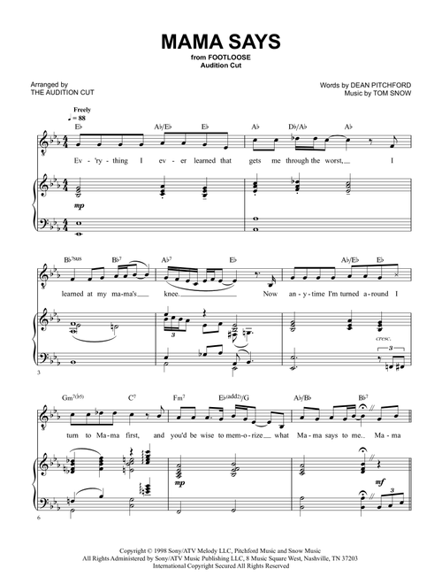Mama Says (Arr. The Audition Cut - from Footloose) - Dean Pitchford, Tom Snow (Piano Vocal)