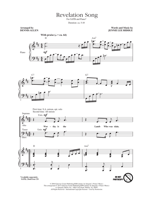 Revelation Song (Arr. Dennis Allen) - Jennie Lee Riddle (Choral, SATB)