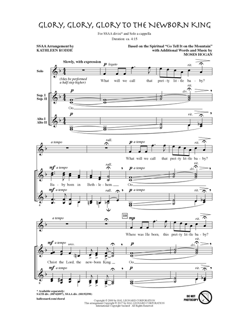 Glory, Glory, Glory To The Newborn King (Arr. Kathleen Rodde) - Moses Hogan (Choral, SSAA)