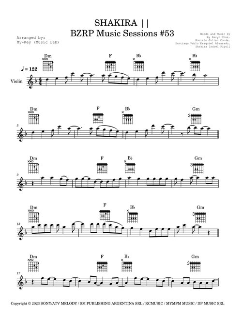 Shakira: Bzrp Music Sessions Vol. 53 (Arr. My-Key (Music Lab)) - Shakira / Bizarrap (Violin Solo)